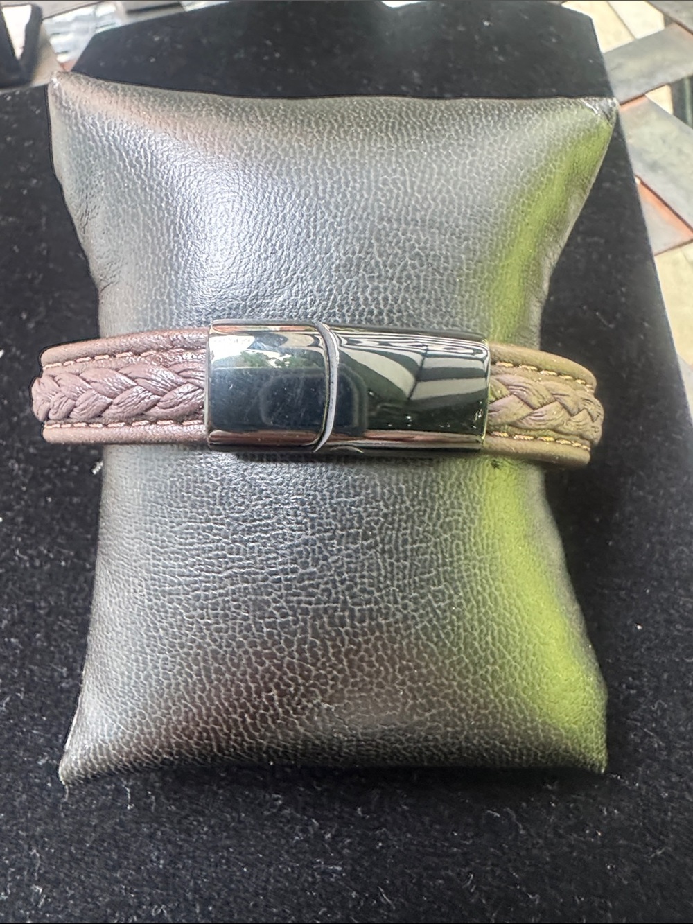 Unisex Brown Braided Leather Bracelet with Polished Gunmetal Clasp